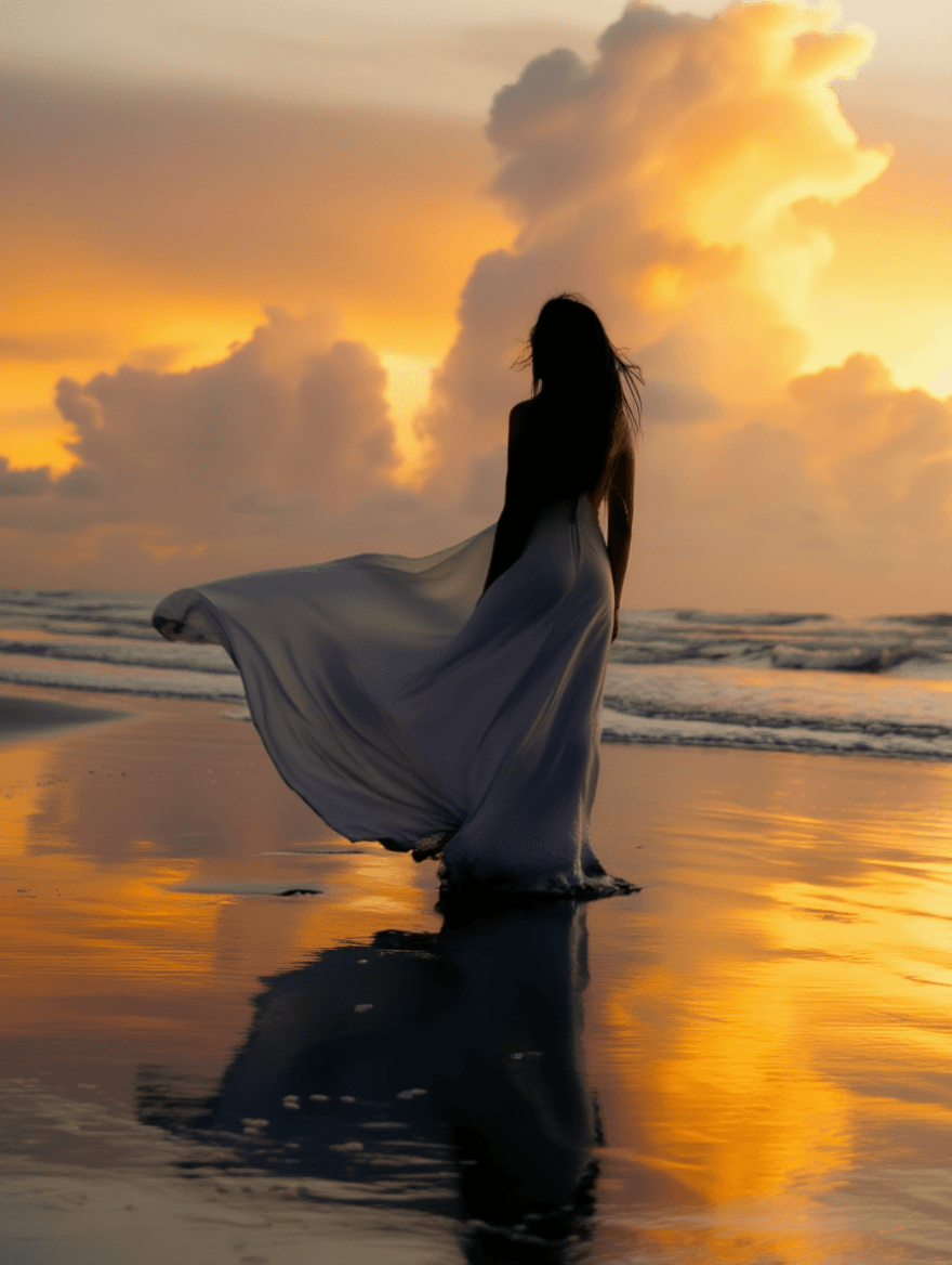 Silhouette at sunset in flowing dress