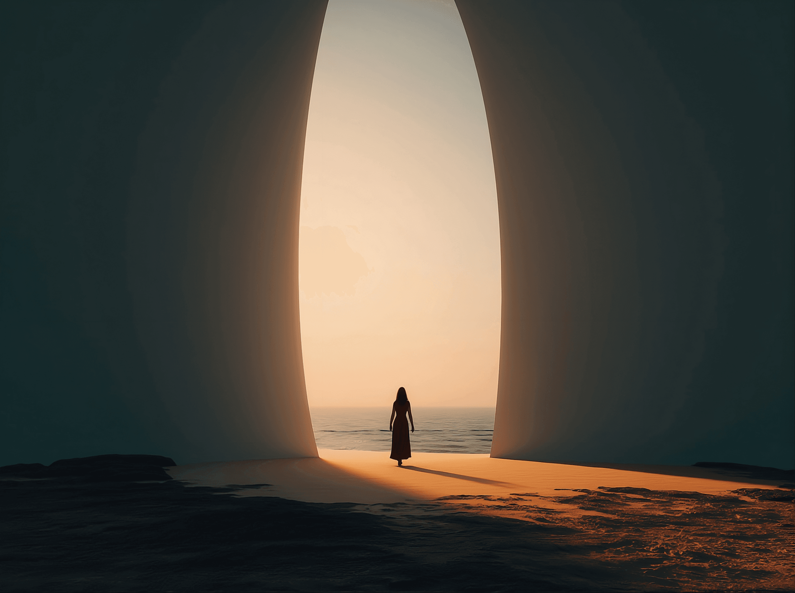 A woman walks through a vast doorway toward the ocean and light — from darkness into freedom